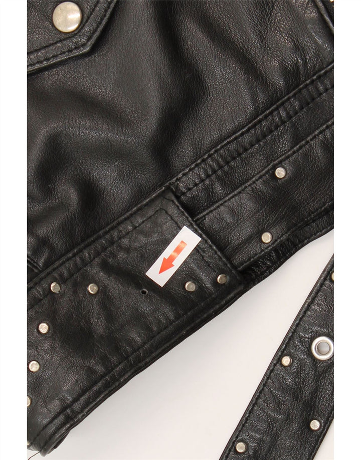 Jachetă de motociclist din piele crop vintage pentru femei UK 12 Medium Black Leather
