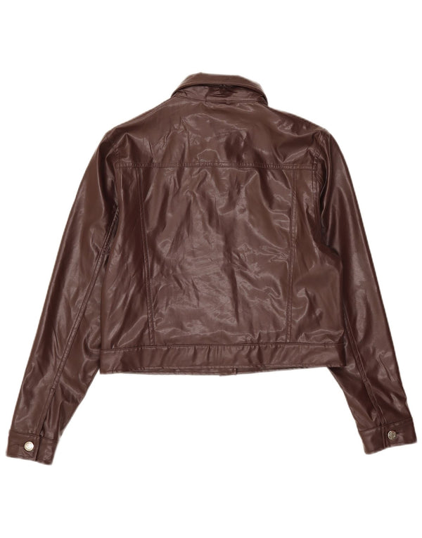 Vintage Womens Crop Faux Leather Bomber Jacket UK 14 Medium Brown Polyvinyl