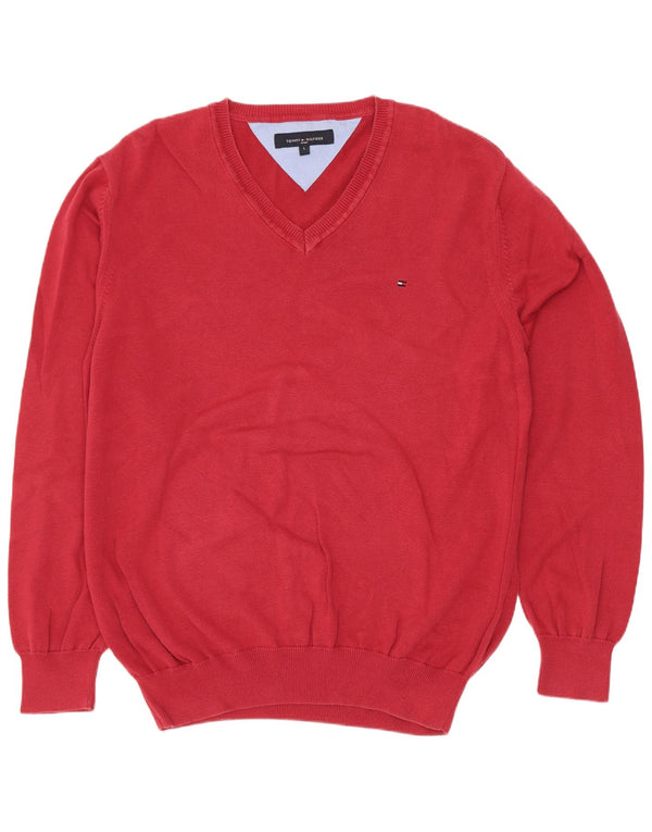 Tommy Hilfiger Mens V-Neck Jumper Sweater Large Red Cotton
