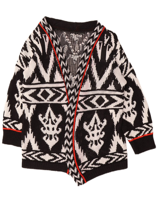 Pulover cardigan deschis cu paragate vintage pentru femei UK 16 mare negru geometric
