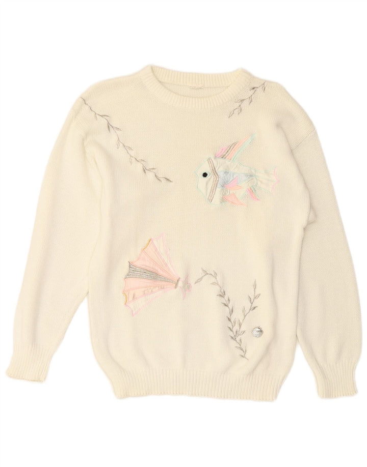 Pulover VINTAGE pentru femei cu decolteu triplu UK 14 Medium Off White