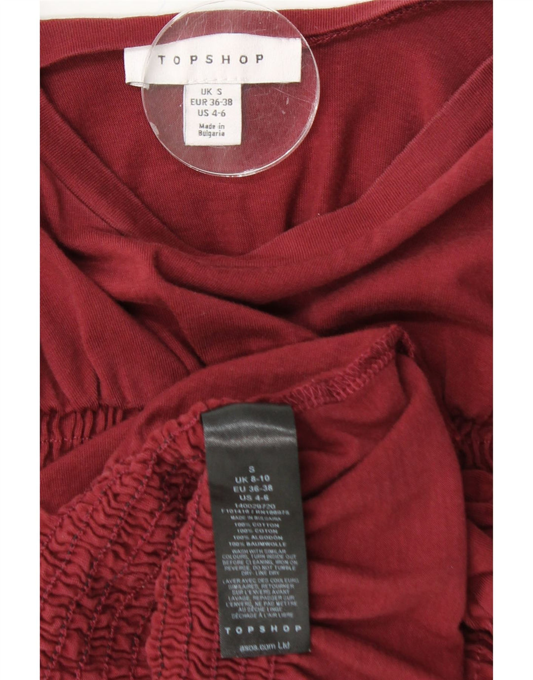 TOPSHOP Bluză Crop pentru Femei Top UK 10 Small Burgundy Bumbac