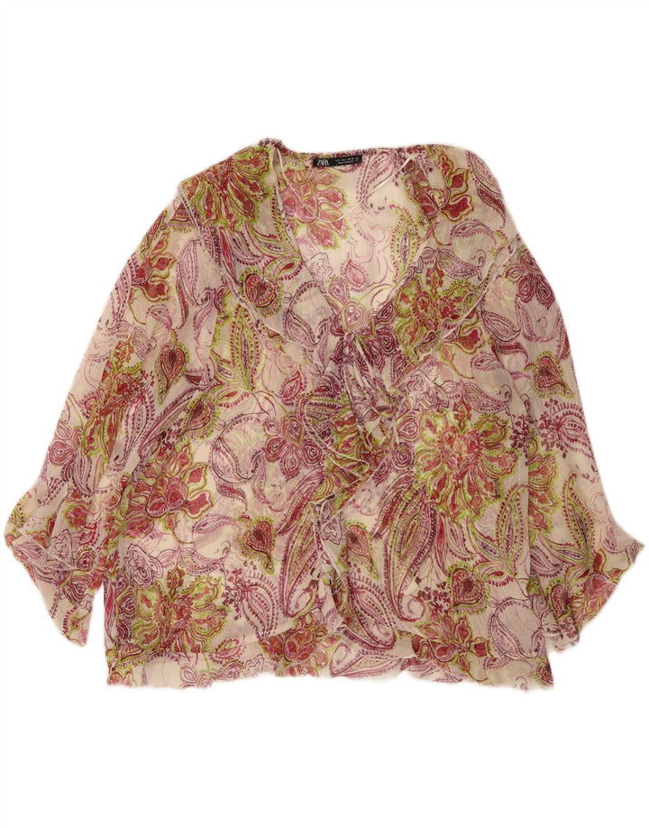 Bluză pentru femei Zara, cu volane în față, UK 14, mare, multicoloră, florală