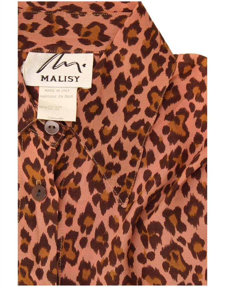 Bluză cămașă pentru femei VINTAGE UK 20 2XL maro din mătase cu imprimeu animal