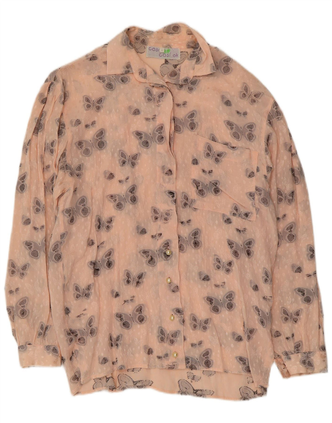 Bluză cămașă cu grafică pentru femei VINTAGE UK 16 Fluture mare de mătase roz