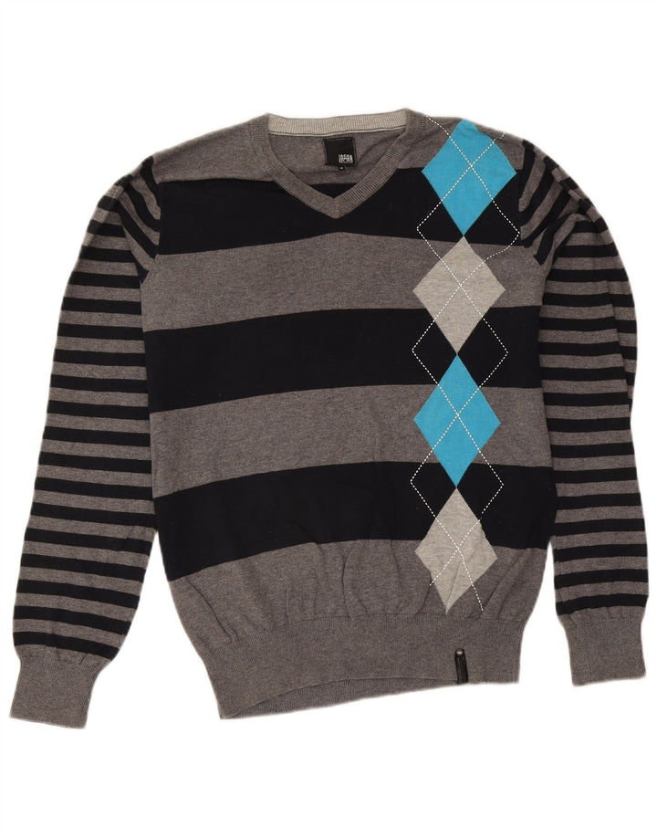 Jack & Jones Pulover cu decolteu în V pentru bărbați, gri mediu, bumbac Argyle/Diamond