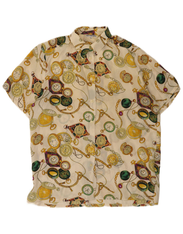 Bluză de cămașă vintage pentru femei cu model abstract, UK 16, mare, alb