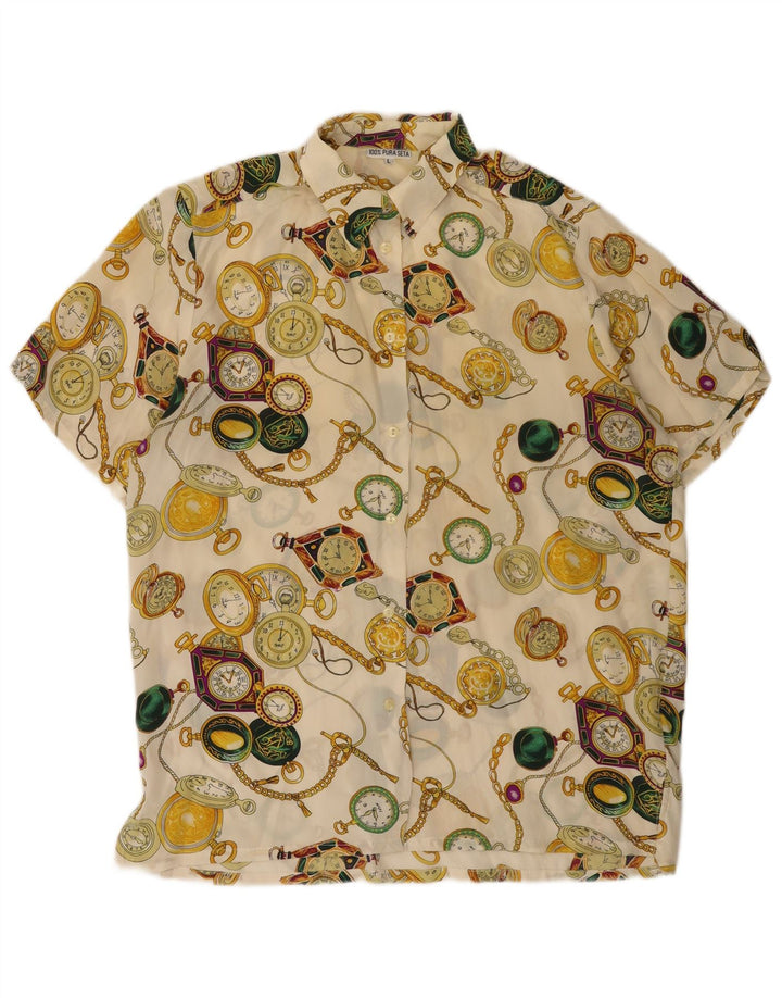 Bluză de cămașă vintage pentru femei cu model abstract, UK 16, mare, alb