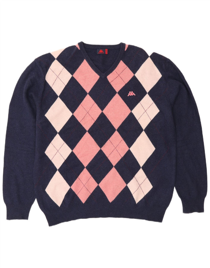 Pulover pentru bărbați Kappa cu decolteu în V, 2XL, albastru marin Argyle/Lână diamant