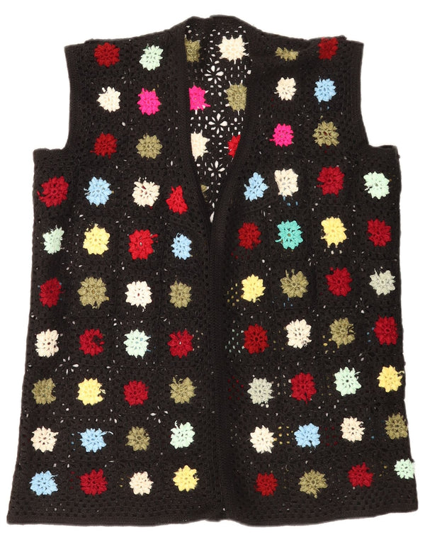 Cardigan din croșetat fără mâneci vintage pentru femei UK 16, mare, negru, floral