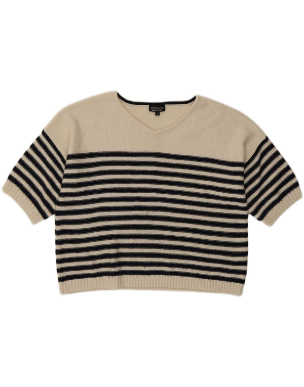 Topshop Womens Short Sleeve V-Neck Jumper Sweater UK 8 Small White Striped