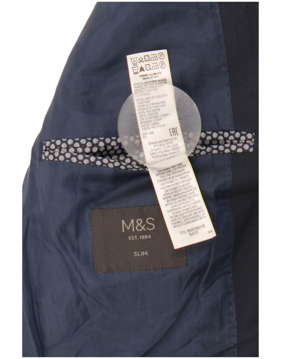 Jachetă pentru bărbați Marks & Spencer, subțire, cu 2 nasturi, UK 38, bleumarin mediu