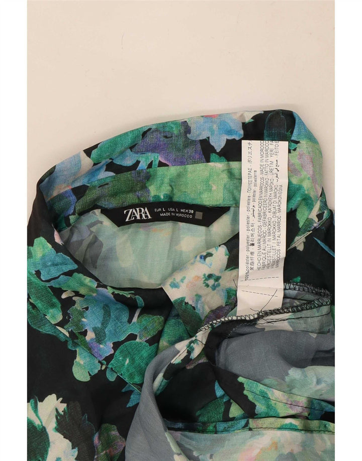 Bluză cămașă supradimensionată pentru femei Zara UK 16, mare, verde, cu flori din poliester