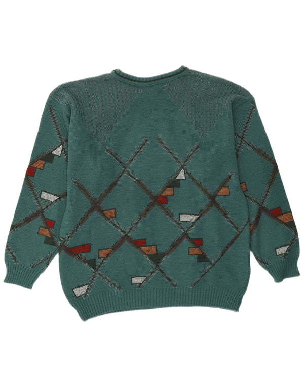 Pulover vintage pentru bărbați cu decolteu triplu, verde mediu geometric