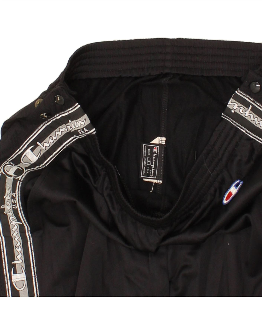 CHAMPION Mens Graphic Tracksuit Trousers Small Black Polyester Vintage Champion and Second-Hand Champion from Messina Hembry 