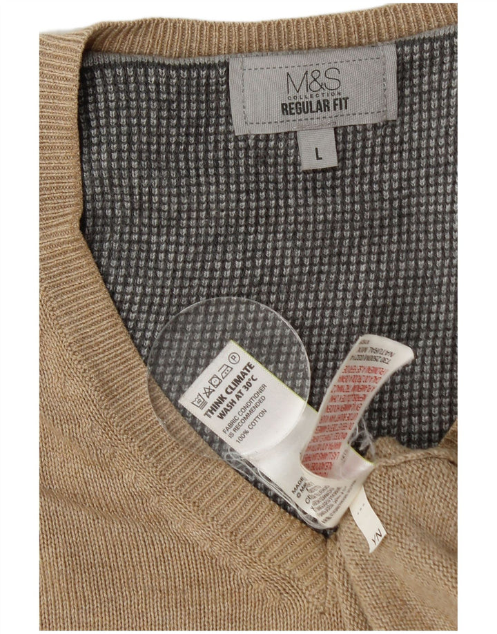 Pulover cu decolteu în V pentru bărbați Marks & Spencer, mare, bej, bumbac