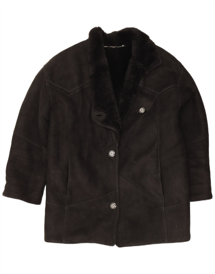 Palton supradimensionat din shearling vintage pentru femei IT 46 mare, negru, din shearling