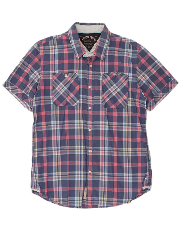 Cămașă cu mânecă scurtă pentru bărbați Tommy Hilfiger XL, bumbac cu carouri bleumarin