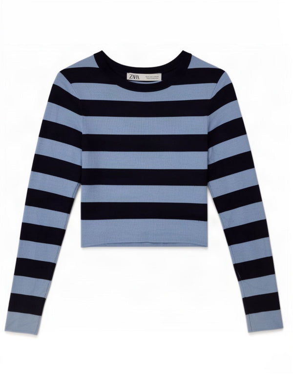 Crop Top pentru femei Zara cu mânecă lungă UK 12 Mediu Bleumarin cu dungi