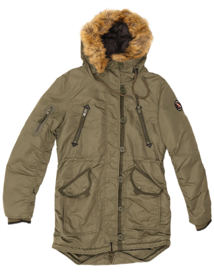 Jachetă parka cu glugă Superdry pentru femei UK 12 Medium Khaki Nylon