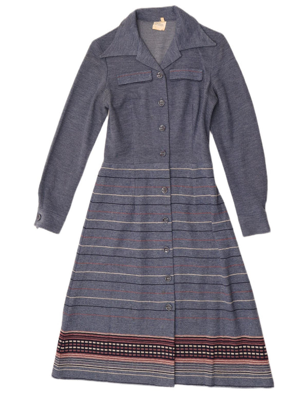 Rochie cămașă vintage pentru femei cu mânecă lungă UK 12 Mediu bleumarin cu dungi