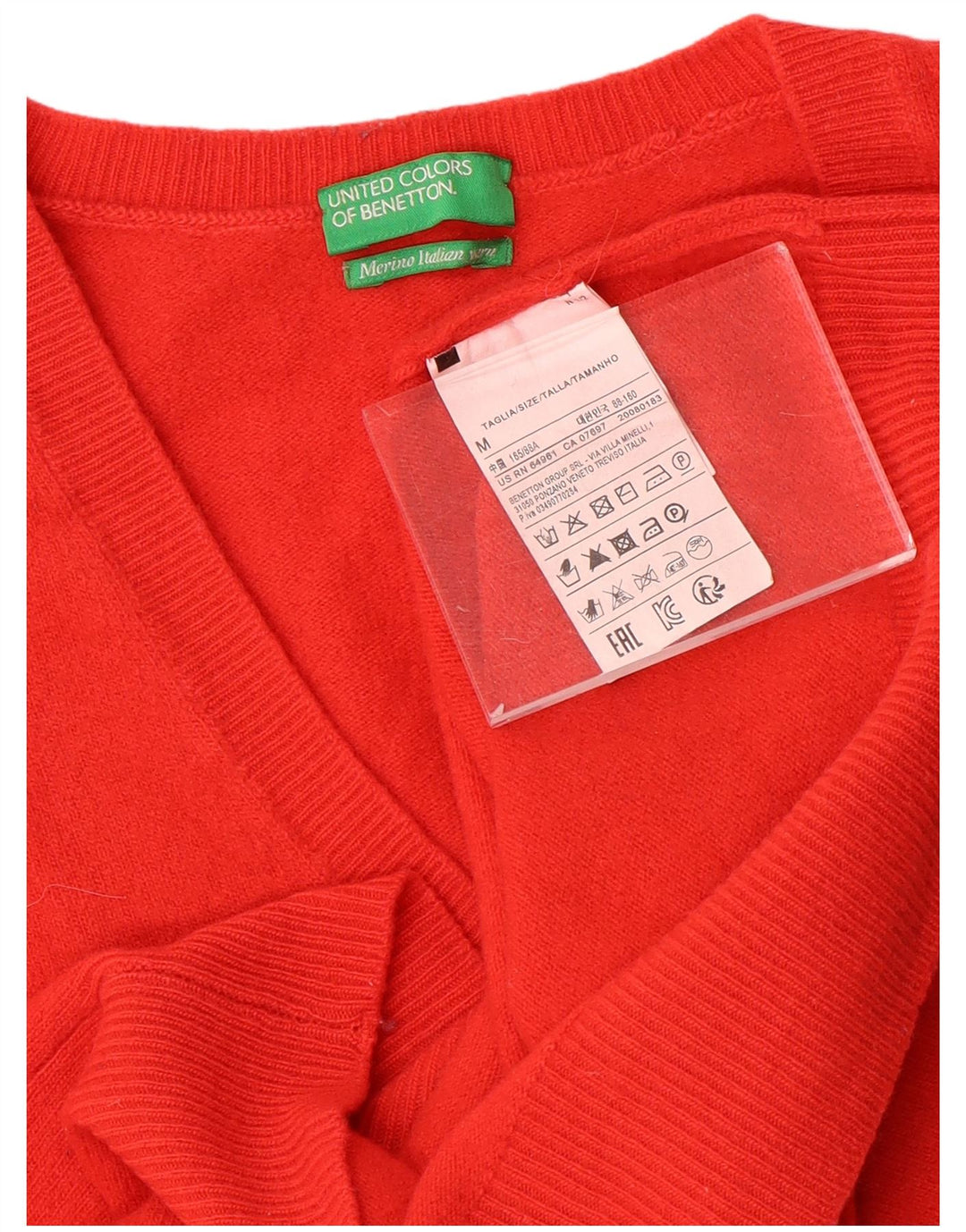 Pulover pentru femei Benetton cu decolteu în V UK 12 Lână roșie medie
