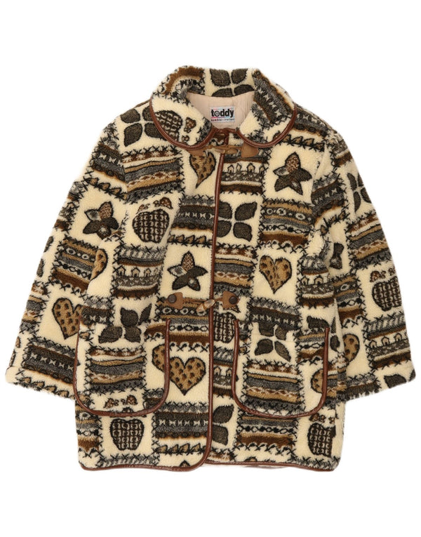 Manson vintage din lână cu grafică pentru femei UK 14 mare, bej, patchwork