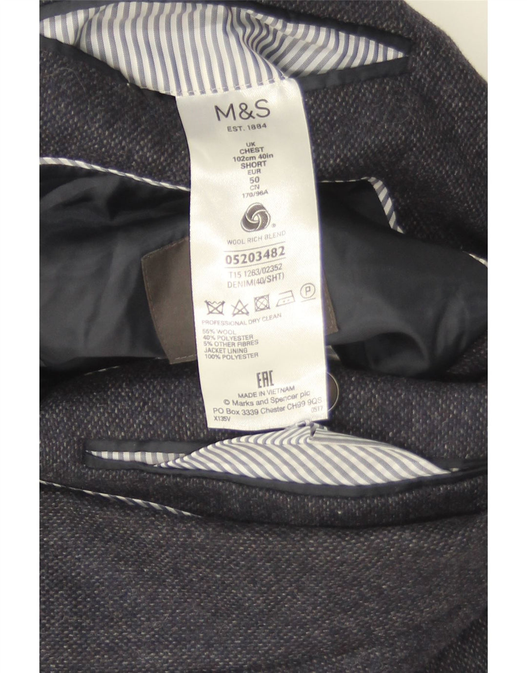 Jachetă pentru bărbați Marks & Spencer, cu 2 nasturi, UK 40, lână medie, albastru bleumarin