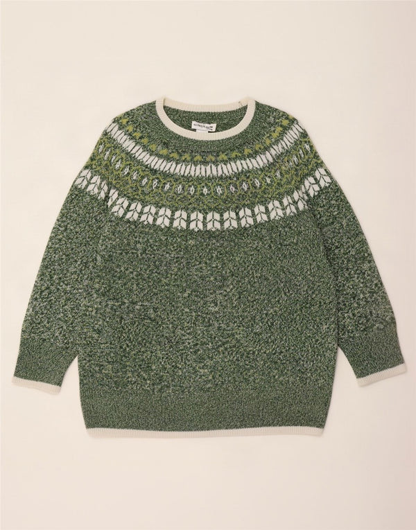 Pulover vintage pentru femei cu gât de barcă UK 22 3XL Green Fair Isle Acrilic