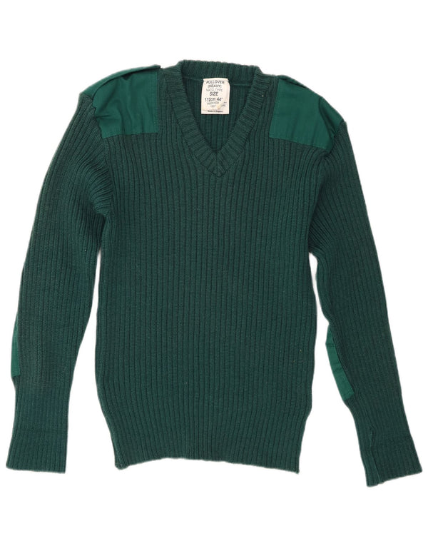 Pulover vintage pentru bărbați militar cu decolteu în V, lână nouă, verde mediu