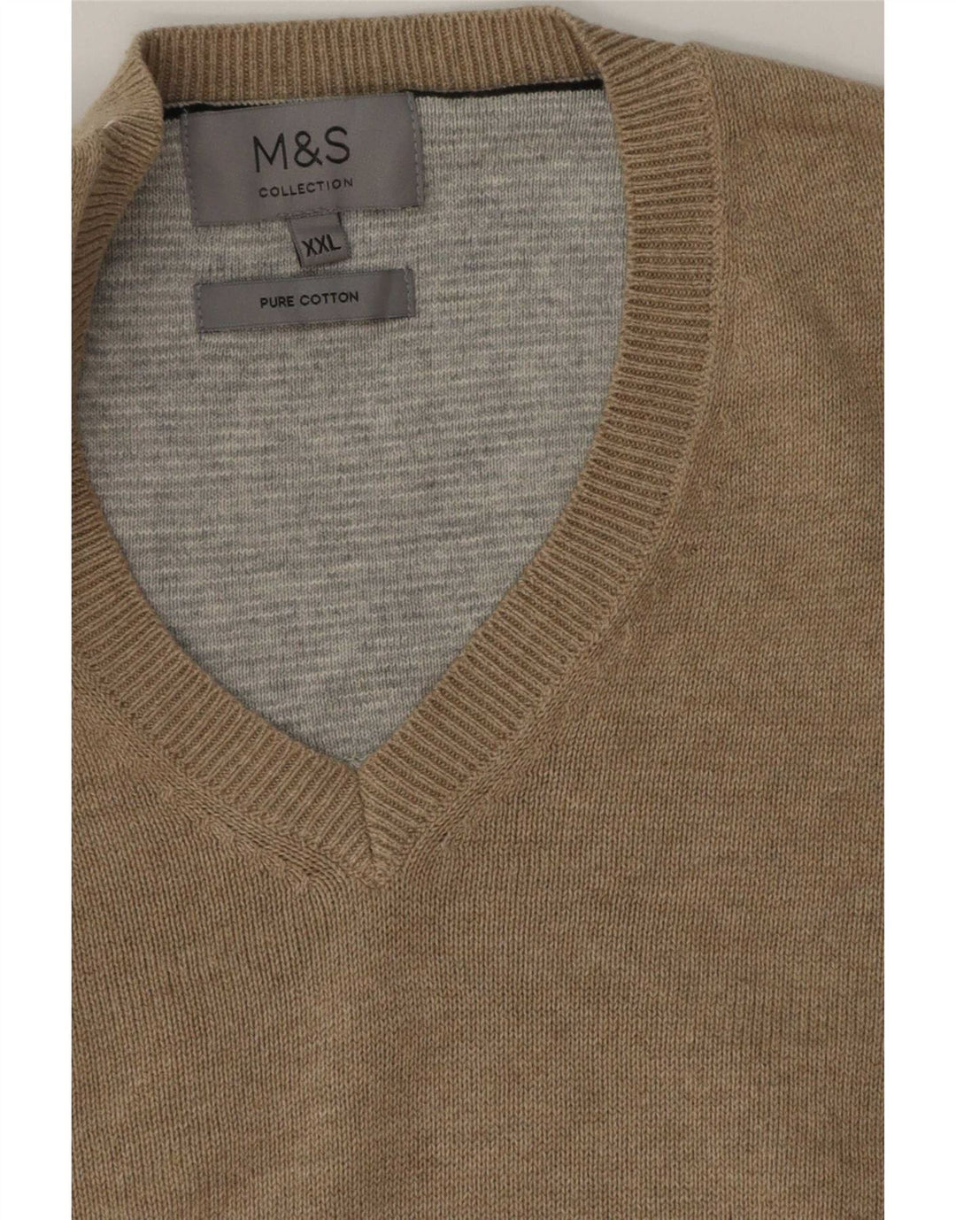 Pulover cu decolteu în V pentru bărbați Marks & Spencer, bumbac bej 2XL