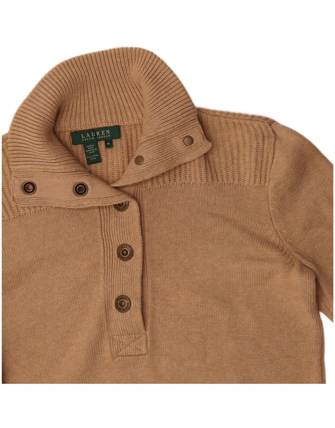 Pulover pentru femei Ralph Lauren cu gât cu nasturi, bumbac mediu bej, UK 12