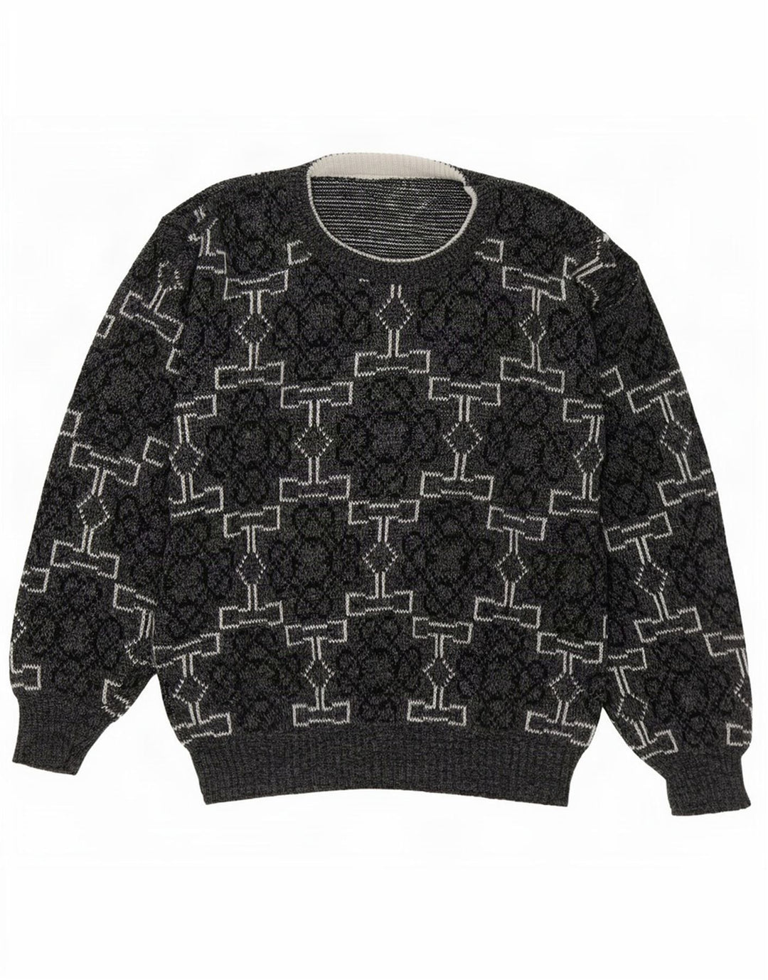 Pulover vintage pentru bărbați cu decolteu rotund, gri mediu geometric