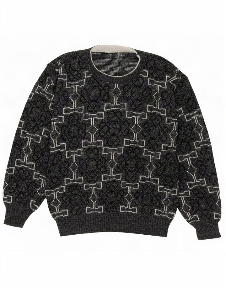 Pulover vintage pentru bărbați cu decolteu rotund, gri mediu geometric