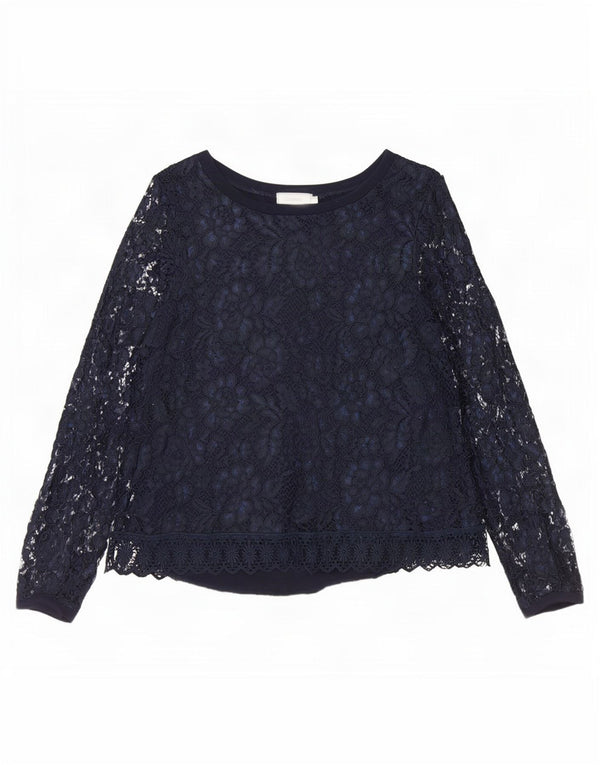 Bluză vintage pentru femei cu mâneci lungi din dantelă Top EU 40 Medium Bleumarin Floral