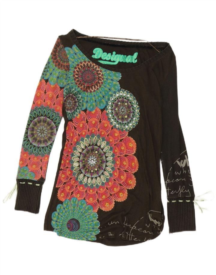 DESIGUAL Top grafic pentru femei cu mânecă lungă UK 10 mic maro bumbac floral
