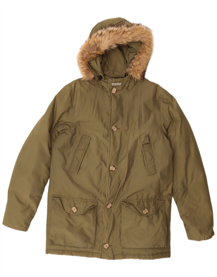 Jachetă căptușită cu glugă Woolrich pentru băieți 15-16 ani, bumbac verde