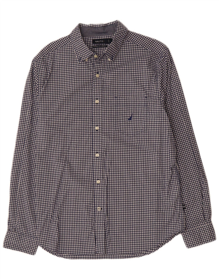 NAUTICA Mens Classic Fit Shirt Large Navy Blue Gingham Cotton
