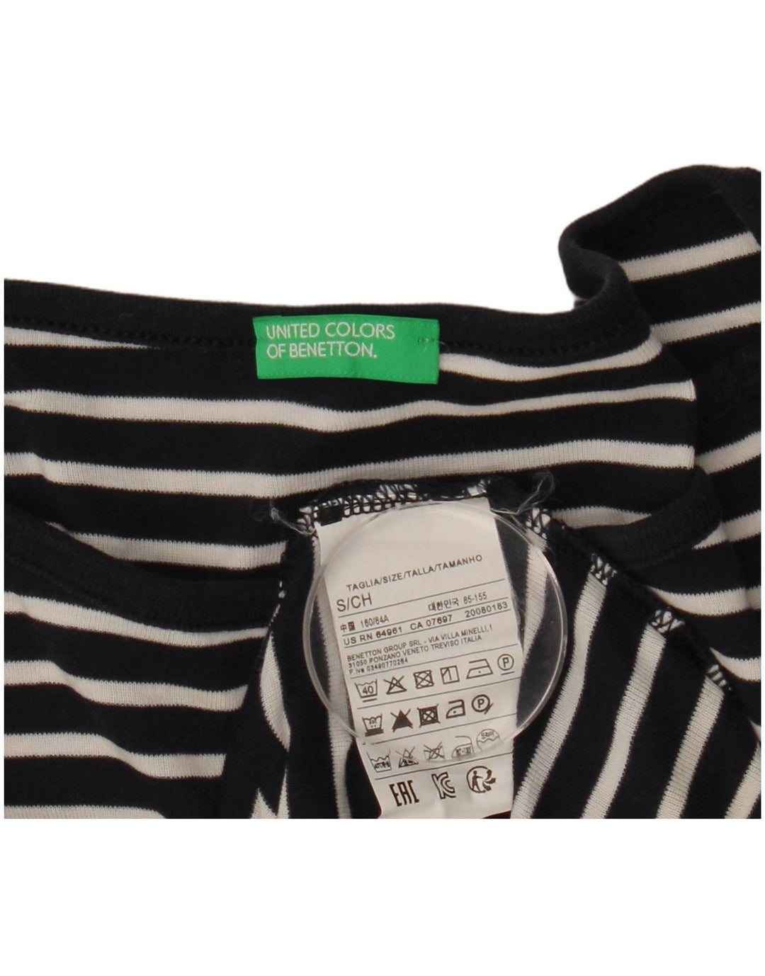 BENETTON Top pentru femei cu mâneci 3/4 UK 10 mic, albastru bleumarin, bumbac cu dungi