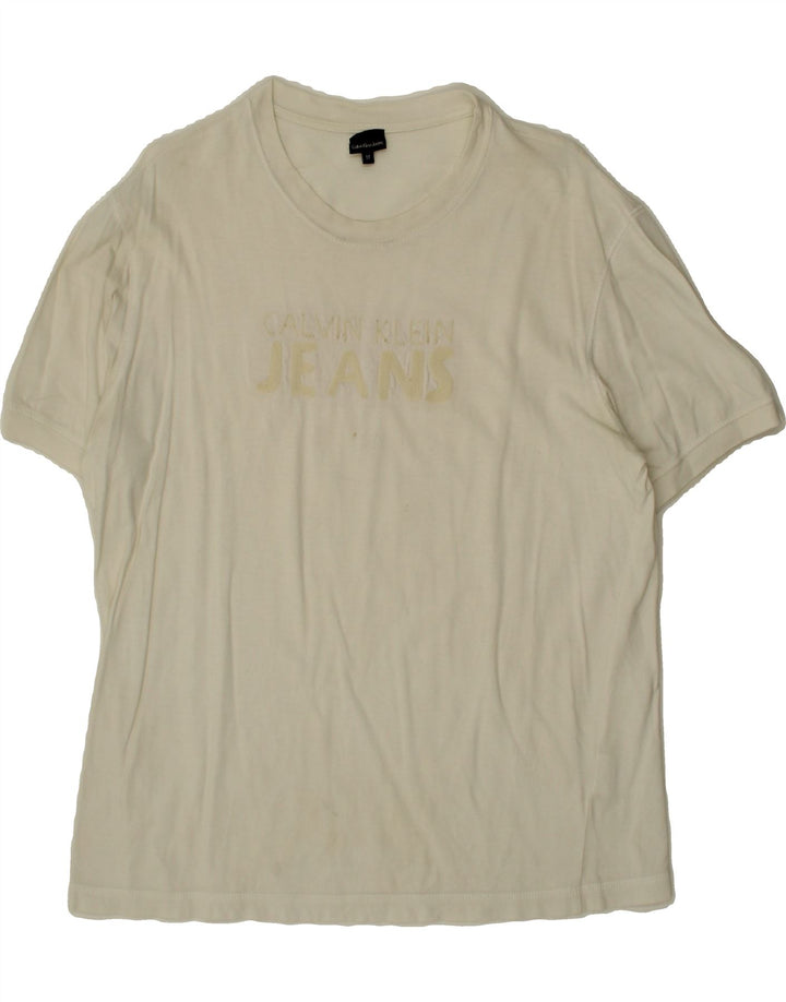CALVIN KLEIN JEANS Mens Graphic T-Shirt Top Medium White Cotton Vintage Calvin Klein Jeans and Second-Hand Calvin Klein Jeans from Messina Hembry 
