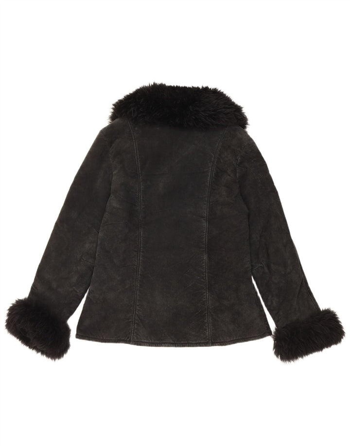 Jachetă din piele de căprioară Sherpa pentru femei vintage UK 10 Mic din piele neagră