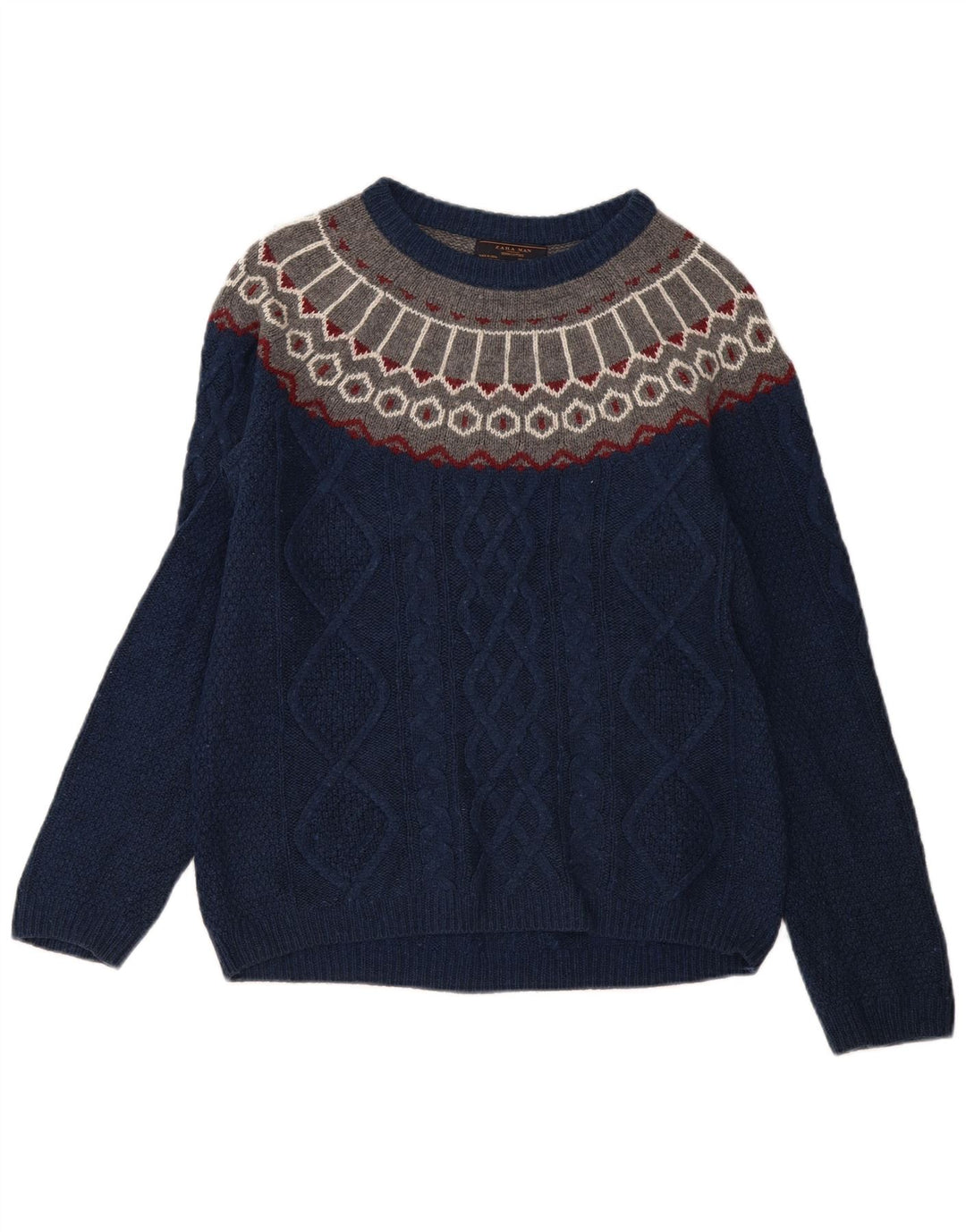 Pulover pentru bărbați Zara, cu gât de barcă, mijlociu, bleumarin, Fair Isle