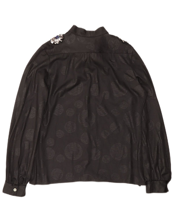 Bluză vintage pentru femei, cămașă cu cravată în față, IT 46, mare, negru, cu buline