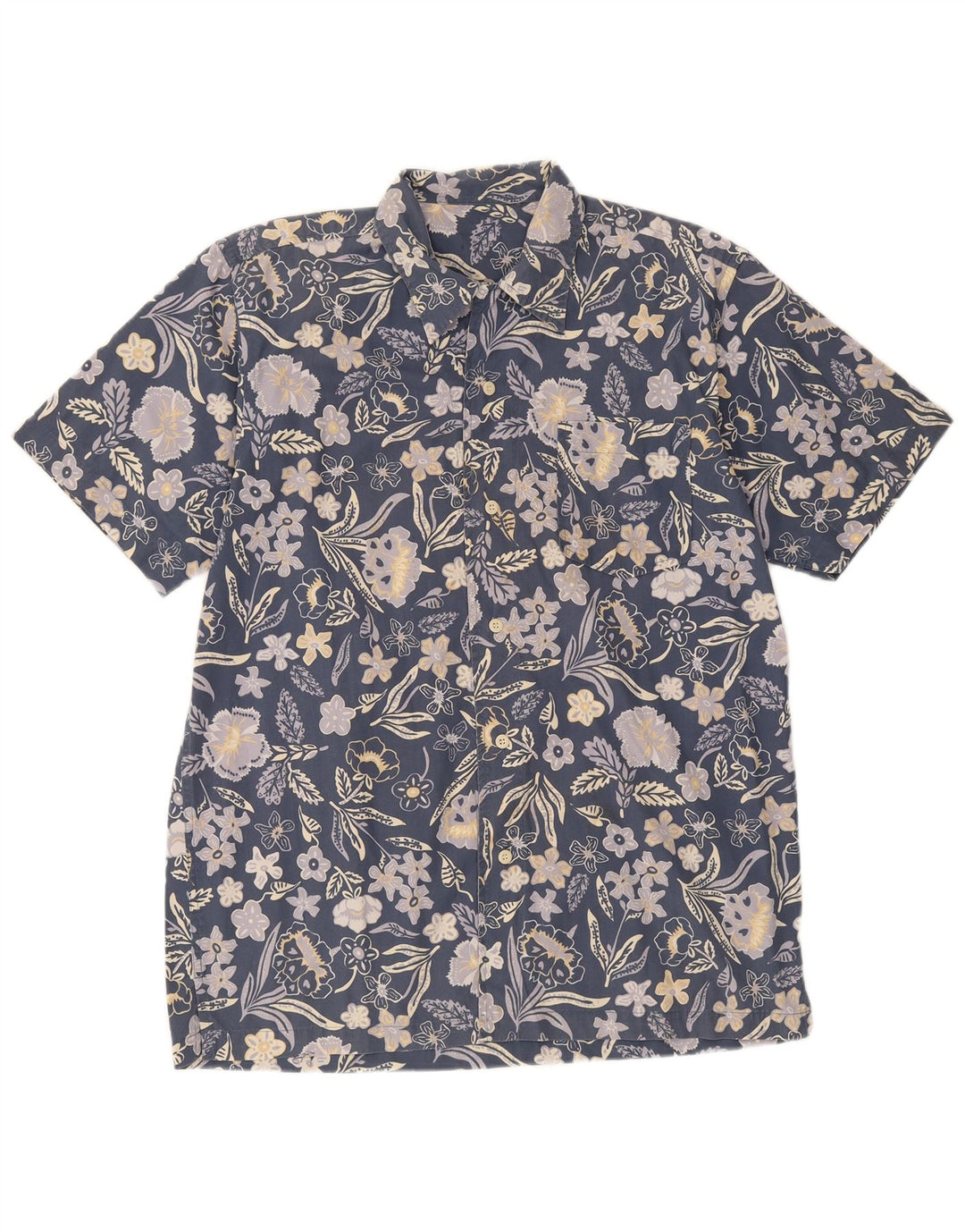 VINTAGE Mens Short Sleeve Shirt Medium Navy Blue Floral Cotton