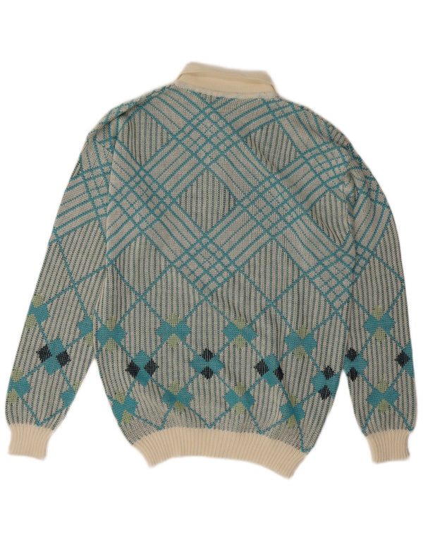 Pulover vintage pentru bărbați cu gât polo, albastru mediu geometric