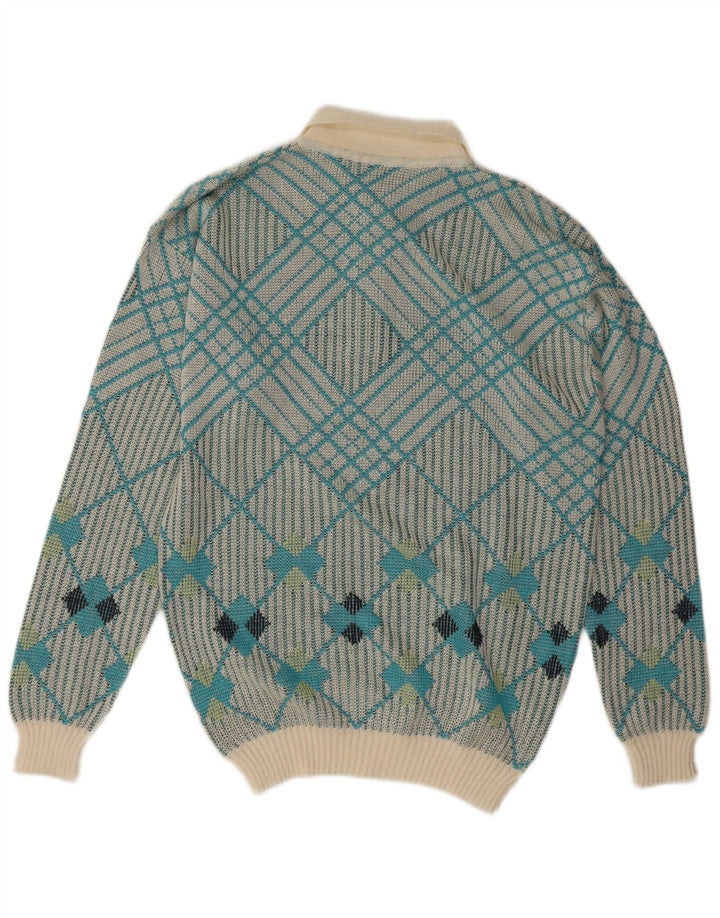 Pulover vintage pentru bărbați cu gât polo, albastru mediu geometric