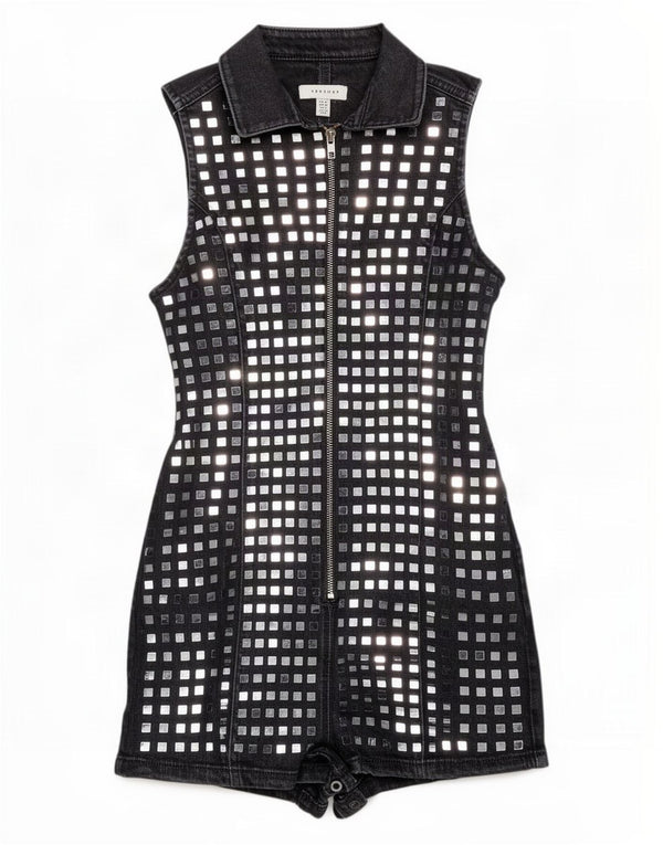 Combi denim fără mâneci Topshop pentru femei UK 8 Bumbac negru mic