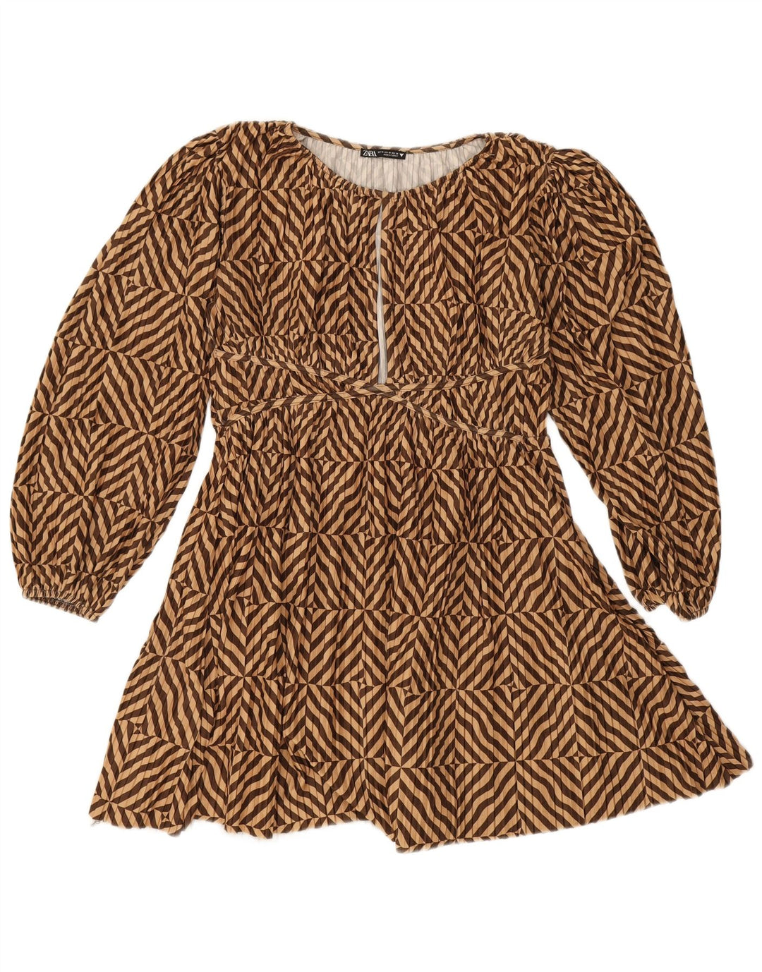 Rochie în formă de A cu mânecă lungă pentru femei Zara UK 14 Poliester cu dungi maro mediu