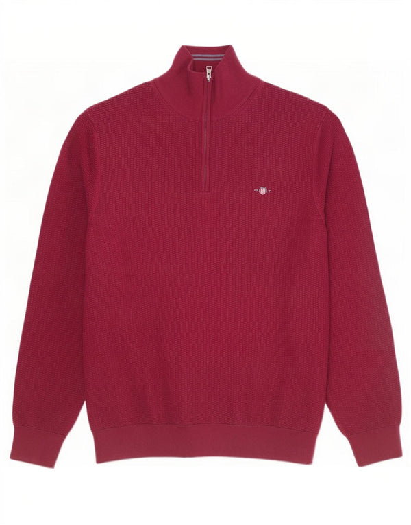 Gant Mens Zip Neck Jumper Sweater Large Maroon Cotton