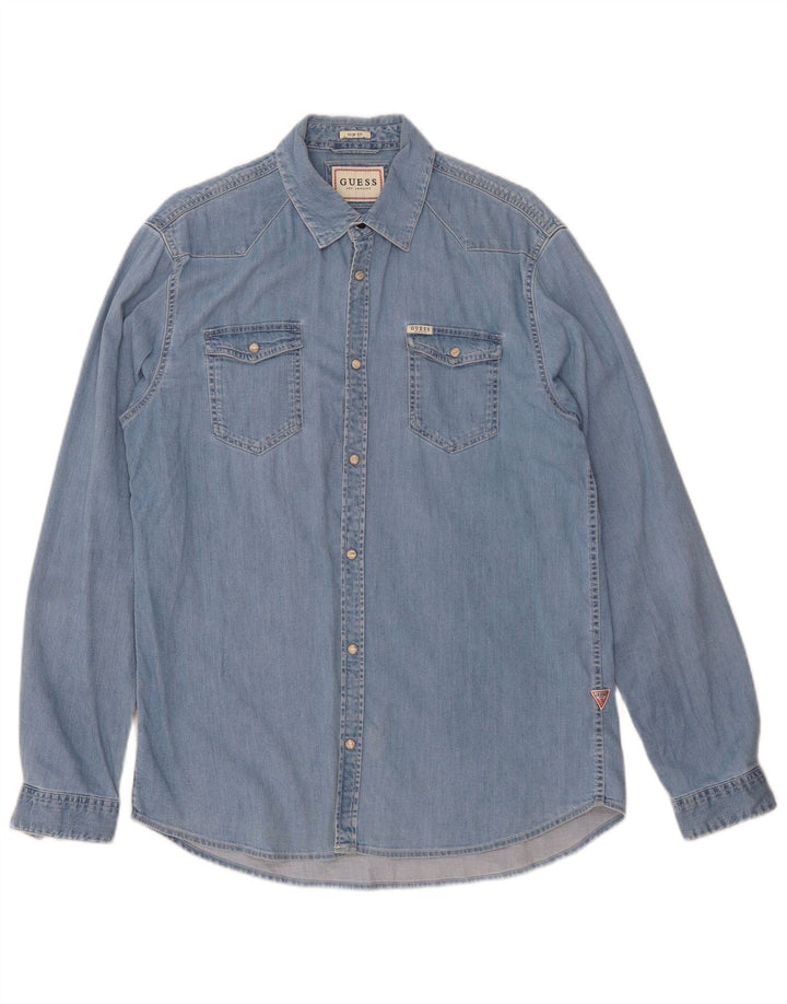 Cămașă pentru bărbați Guess din denim slim fit, bumbac albastru mediu